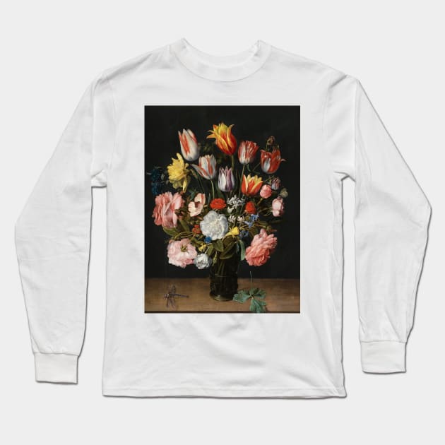 A still life of tulips, roses, bluebells, daffodils, a peony and other flowers in a glass roemer on a wooden ledge with a dragonfly by Jacob van Hulsdonck Long Sleeve T-Shirt by Amanda1775